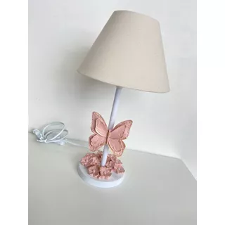 Abajur Borboleta E Flores Rosé Cúpula Bege