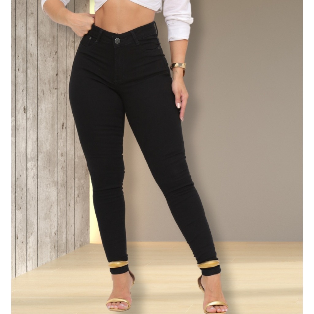 Calça Jeans Preta Skinny Com Lycra Cintura Alta Corte Do Jeans