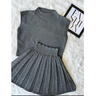 Conjunto Tricot Colete e Saia Plissada Fio Mousse Premium Moda Blogueira Gringa 2024