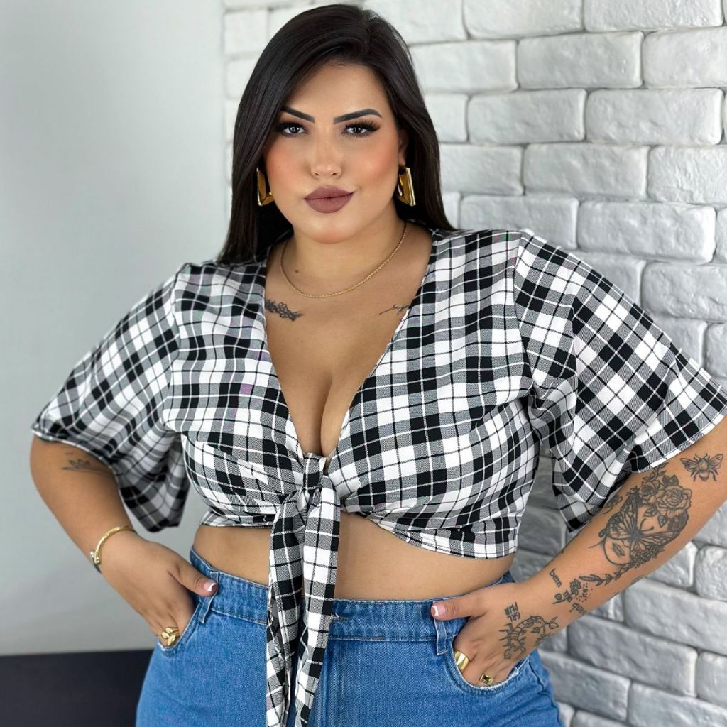 Blusinha Feminina Plus Size Xadrez Festa Junina Cropped Xadrez de