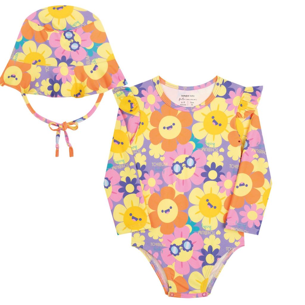 Conjunto Maiô E Chapéu Bebê Menina Manga Longa Moda Praia Piscina Verão Proteção Solar Uv 50+