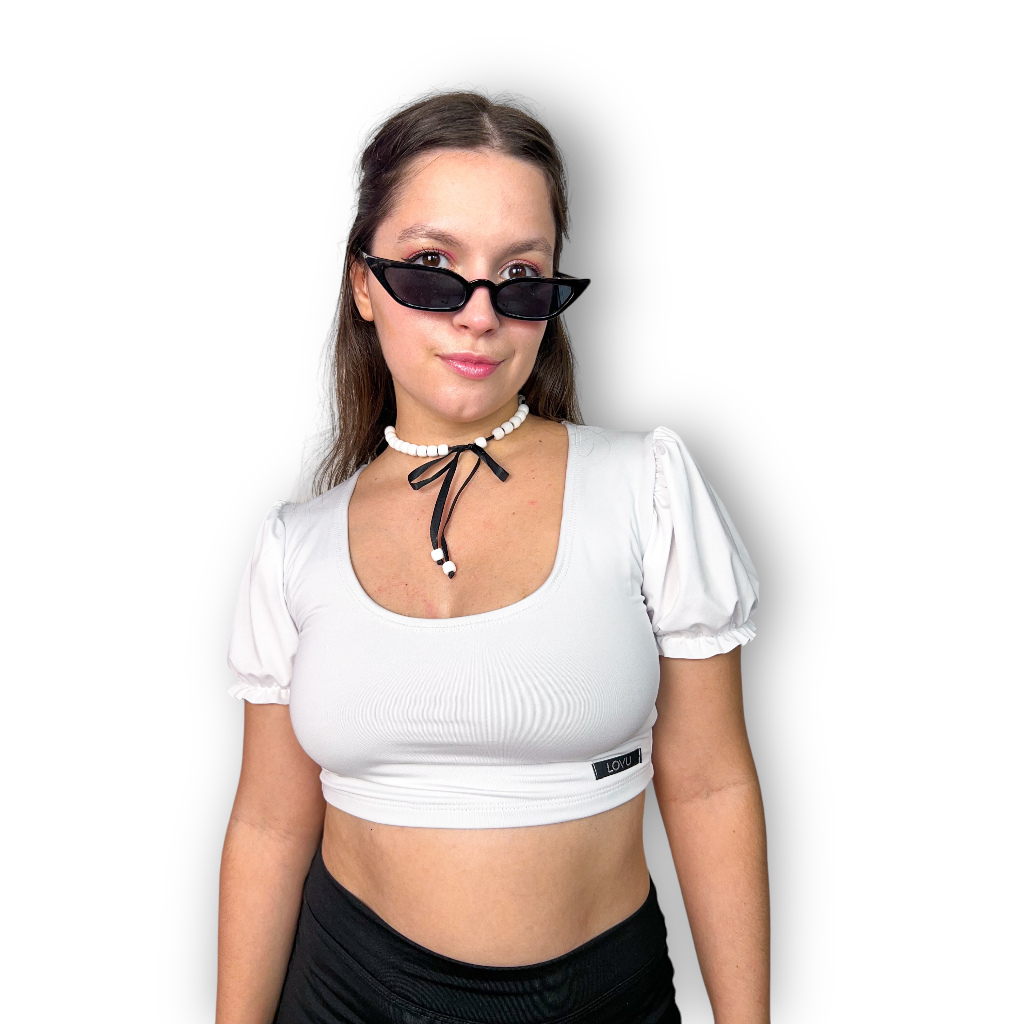 Cropped Camponesa Manga Bufante Branco Plus Size By Lovu - Main Image