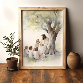 Quadro Decorativo Moldura Religioso Retrato Jesus Crianças Aquarela Decoração Casa Sala