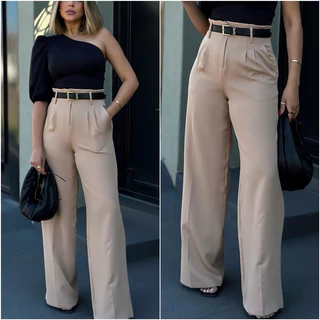 Calça Feminina Alfaiataria + Cinto Pantalona Wid leg Peça Diferenciada