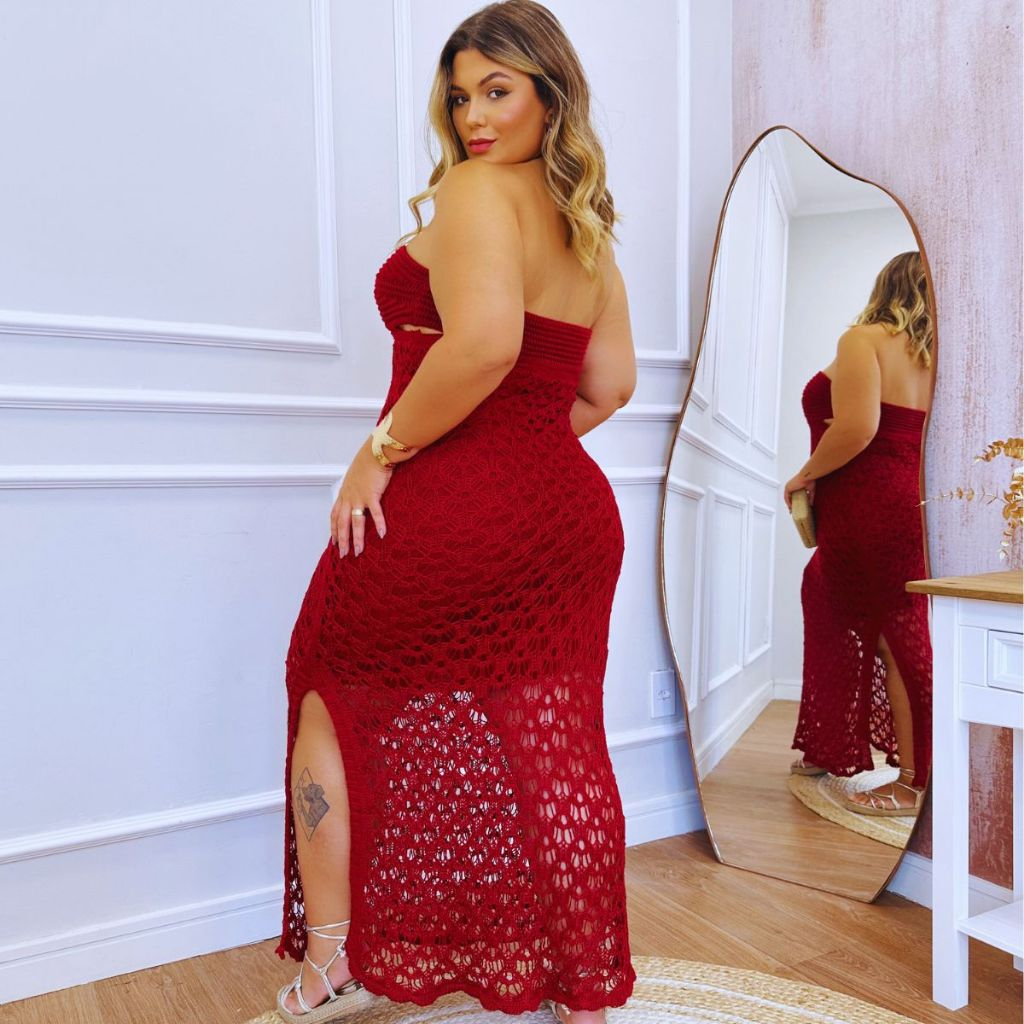 Mari Costa Tricot Vestido Feminino Tricot Anitta Vinho Marsala Plus Size Tamanho Único Curve Crochê