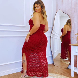 Mari Costa Tricot Vestido Feminino Tricot Anitta Vinho Marsala Plus Size Tamanho Único Curve Crochê