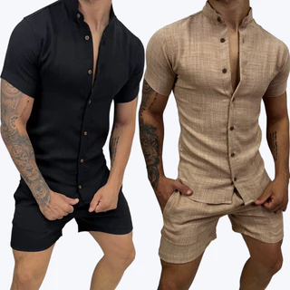 Conjunto Camisa Social com Gola Padre e Bermuda de Linho Masculino Mauricinho Premium