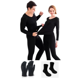 Roupa térmica com meia e luva frio neve segunda pele blusa Manga Longa Com Calça Peluciadas pijama longo confortavel camisa calsa