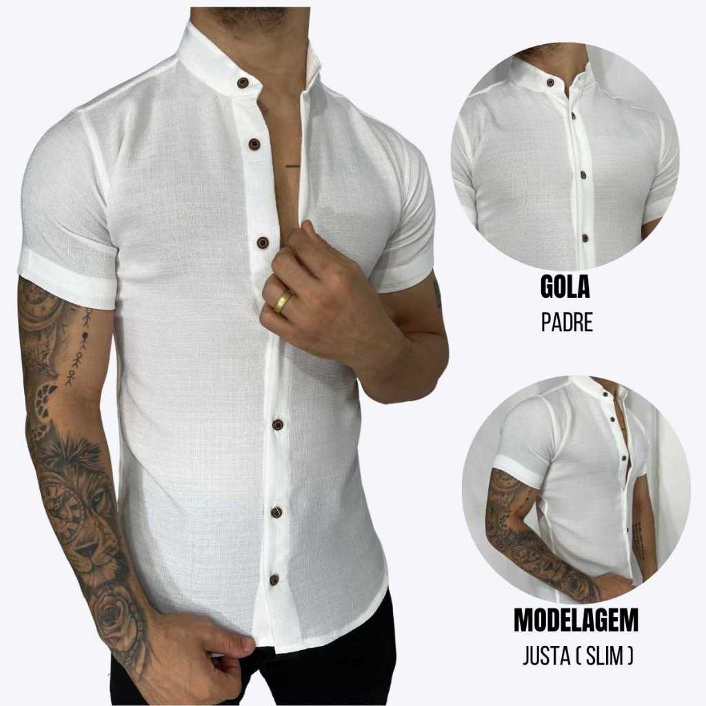 Camisa Social Gola Padre Camisa Masculina Social Gola Padre Camiseta Social Slim Fit Manga Curta Premium