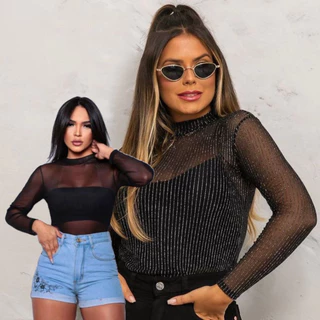 kit 2 body manga longa feminino de tule liso preto e outro de tule lurex com brilho transparente