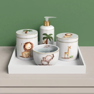 Kit Higiene Bebe Safari 5 Peças Porcelana Com Filete Ouro