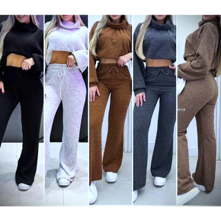 CONJUNTO FEMININO DE CALÇA PANTALONA + CROPPED CON ELASTOCO NA CINTURA /GOLA ALTA/ MANGA MORCEGO / EN TESIDO LANZINHA / LANZAMENTO