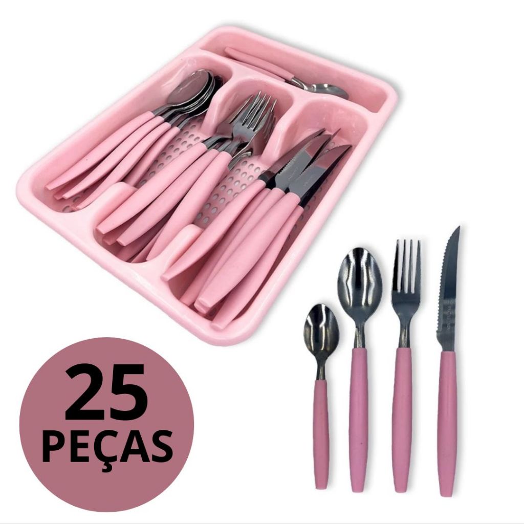 Jogo De Talheres 25 Peças Rosa Soft Inox
