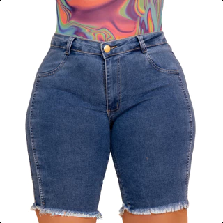Golden Cat Jeans Bermuda Feminina Jeans Short Azul Escuro Com Lycra