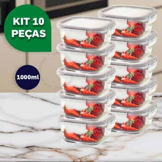 Kit 10 ou 5 Potes Vidro Hermético 1000ml Quadrado Tampa Com Trava