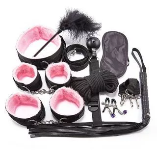 Kit BDSM 10 Peças Mordaça Corda Venda Chicote Algemas Amarras Fetiche