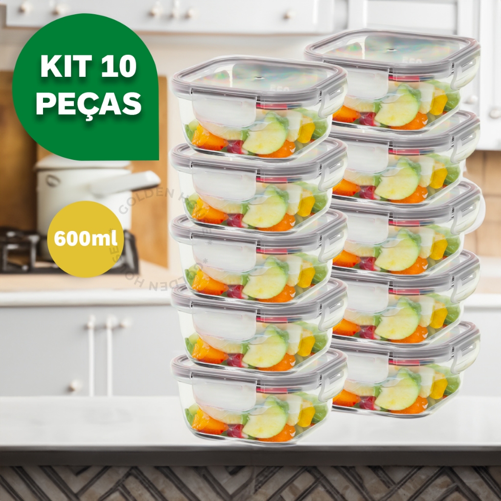 Kit 10 Potes 600ml Vidro Hermético 4 Travas Marmita Premium Quadrado