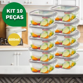 Kit 10 Potes 600ml Vidro Hermético 4 Travas Marmita Premium Quadrado