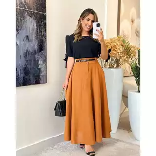 SAIA FEMENINA LONGA SAIA EVANGELICA CINTURA ALTA PRETO MODA LATINA