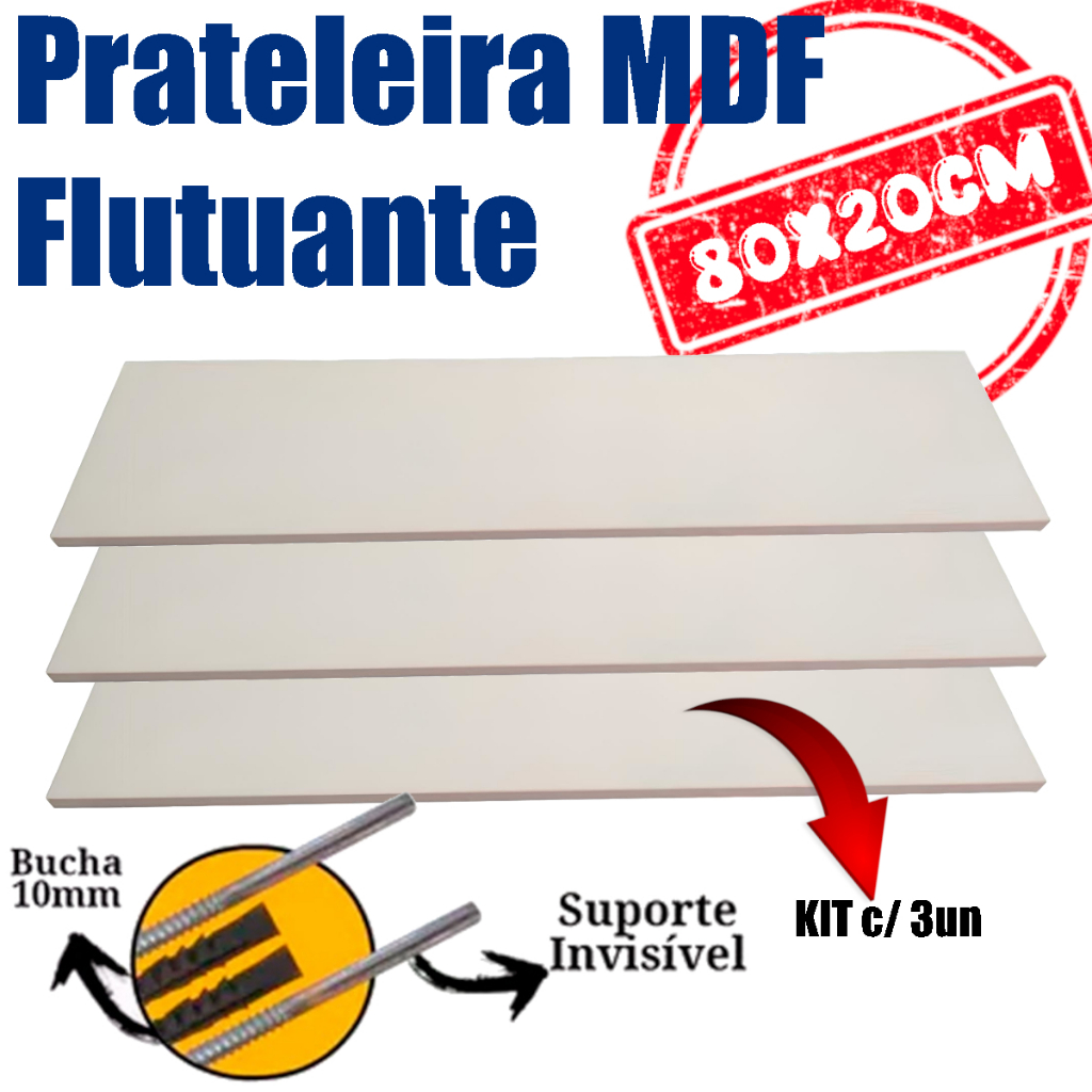 3 Prateleiras 80x20 MDF Madeira Com Suporte Invisível Prateleira Lisa ...