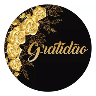 40 Adesivos Redondos Gratidão Flores Dourado Fundo Preto 3cm