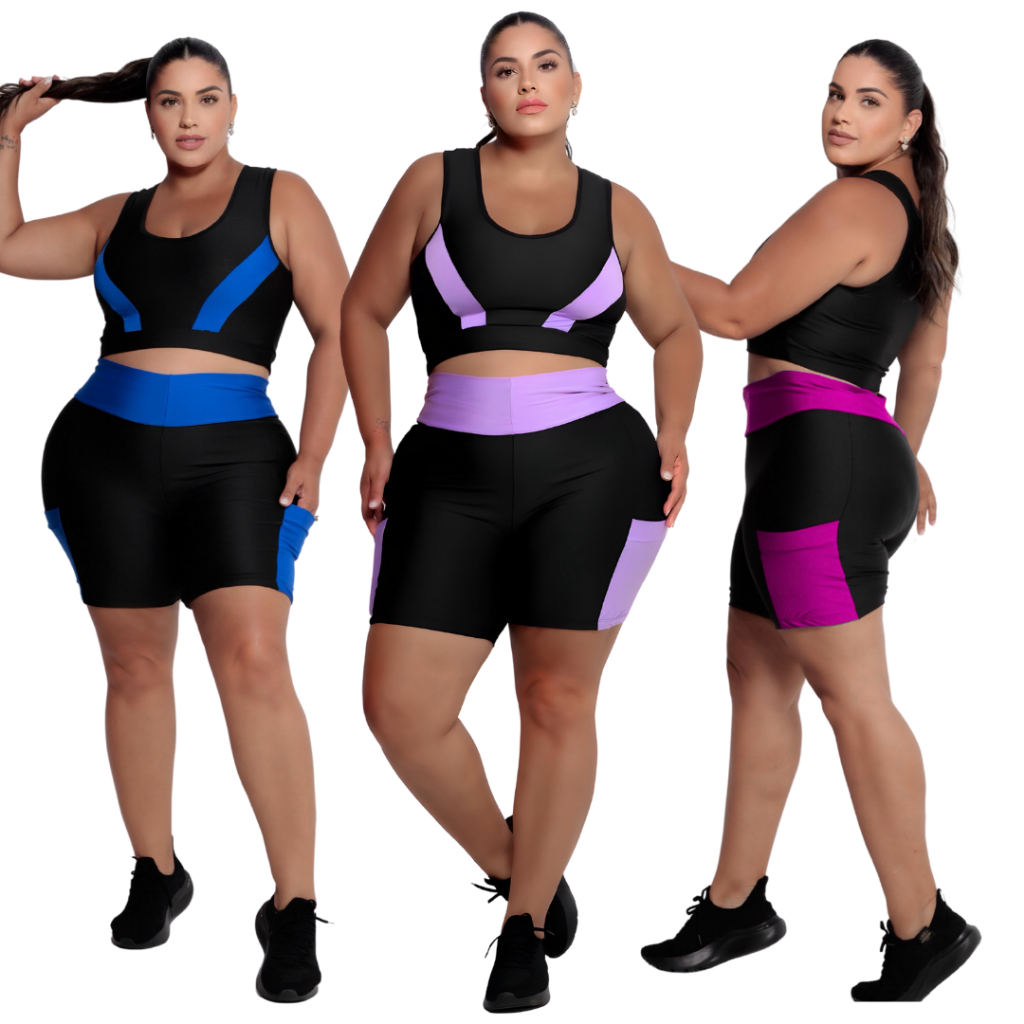Kit 3 conjuntos Fitness Short com bolso + Top Plus Size e Slim 40 ao 54 Modelo Curves feminino em Oferta na Shopee