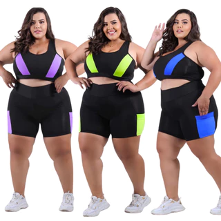 Kit 3 conjuntos de Academia feminino short com Bolso + top Plus e Slim G GG XGG e EXGG modelo curves