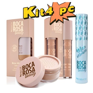 KIT 4 Pecas Base Boca Rosa + Pó Solto Mármore + Corretivo e Mascara Para Cilios