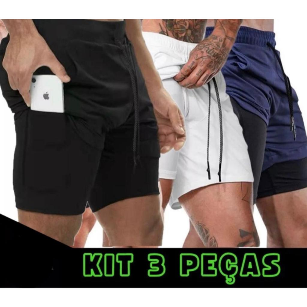 KIT 3 Short 2 em 1 Duplo Treino Bermuda Academia Calção Corrida com Bolso pra Celular Esportivo