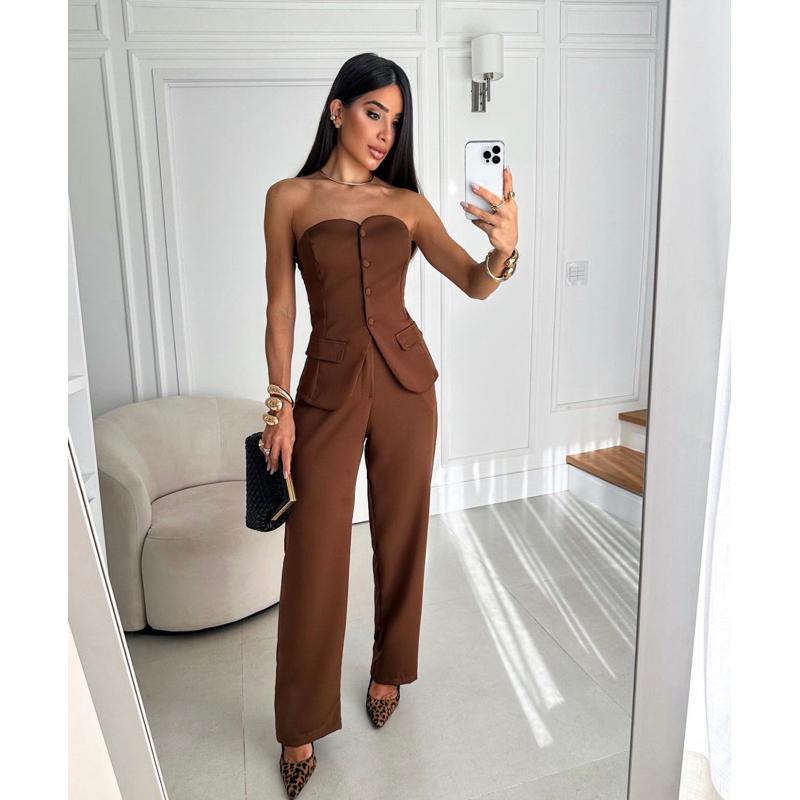 Conjunto Feminino Alfaiataria Calça e Blusa Tomara que Caia