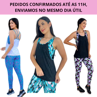 Kit academia conjunto fitness trio legging estamp. regata e top academia zero transparência sem bojo