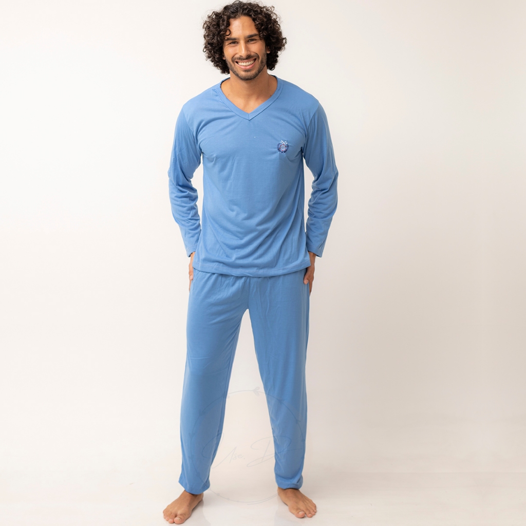 Pijama longo masculino liso Fechado manga comprida detalhe bordado em Oferta na Shopee