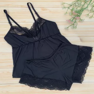 Baby Doll Feminino Pijama Dormir Lingerie Short Camiseta sem Bojo Renda Linha Noite