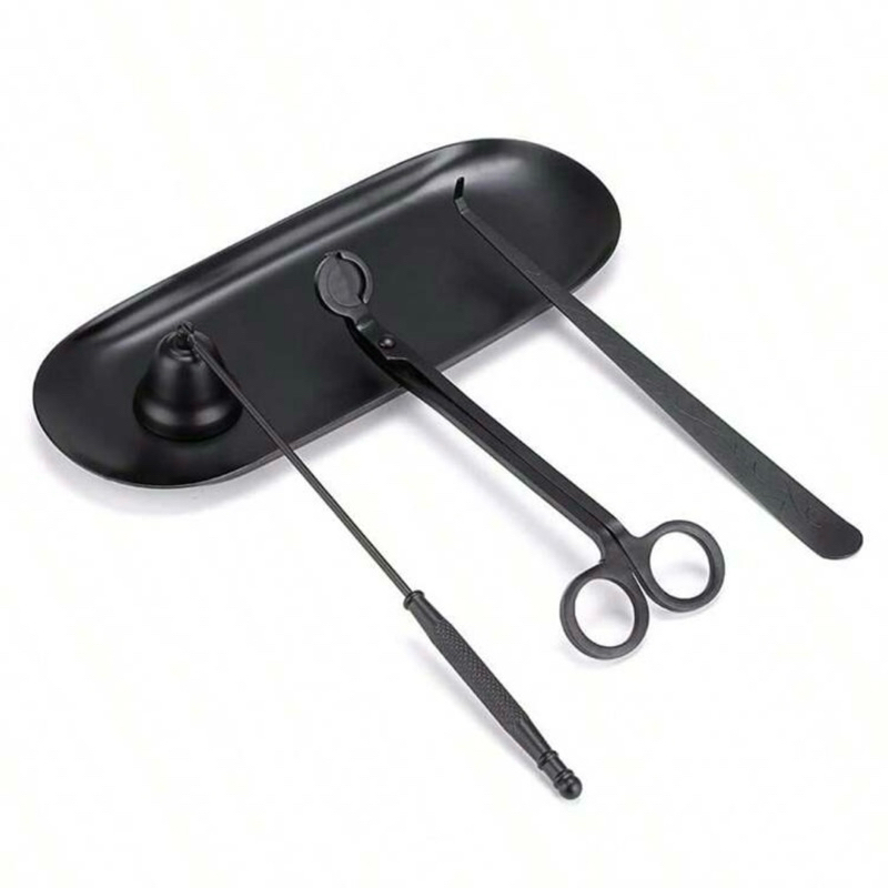 Kit de utensílios para velas - bandeja e abafador e aparador de pavio - aço inoxidável preto.