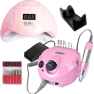 Kit Profissional Cabine Sun 5 Rosa Led Uv 48 Watts Bivolt Unha Gel Acrigel Porcelana + Motor Porquinho Lixa Lixadeira de Unhas Elétrica Manicure Pedicure