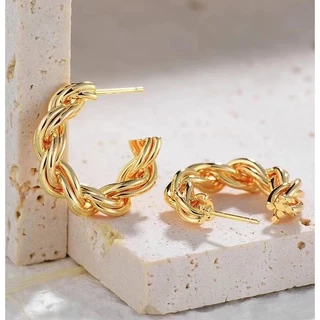 Brincos trançados brilhante com anel simples, versátil, elegante semi joias a prata 925 e ouro 18k.