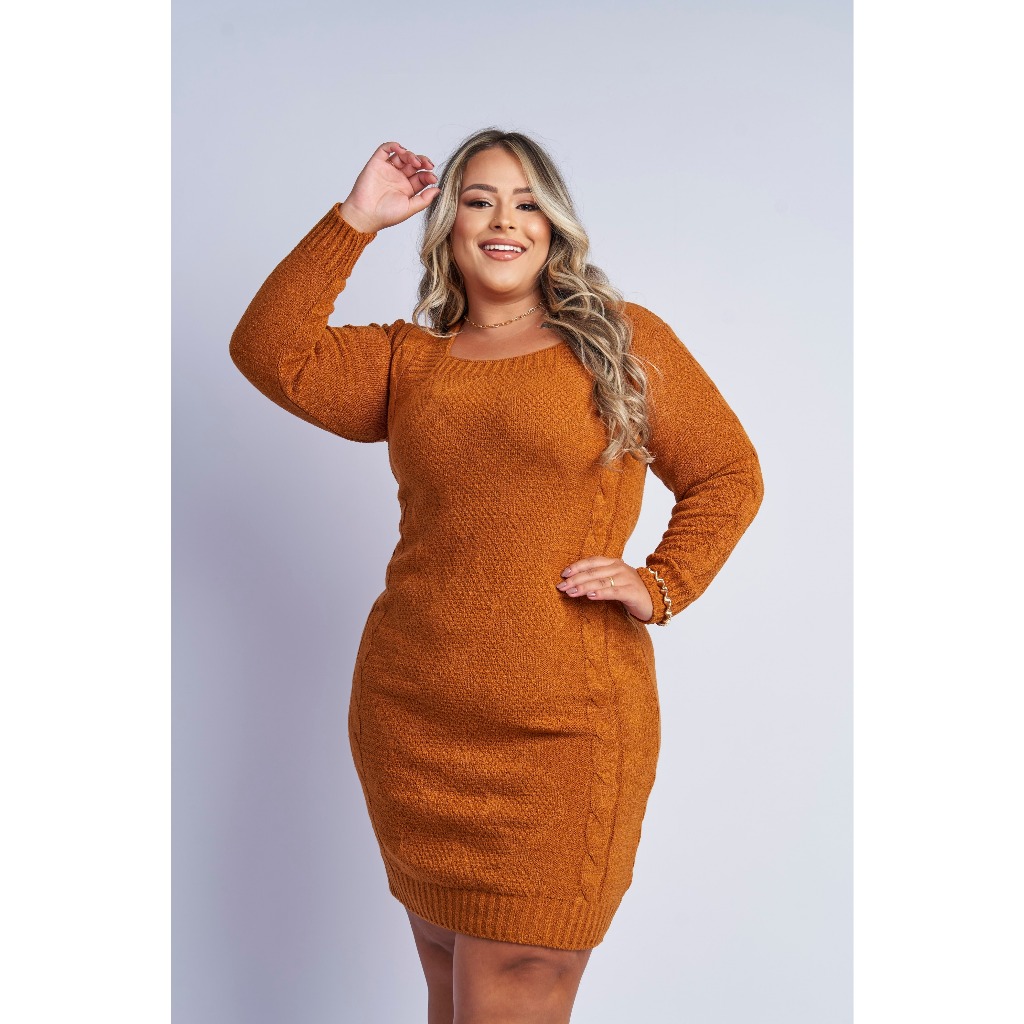 Vestido Midi Plus Size de Frio em Tricot Toque macio de Inverno ...