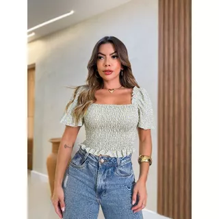 Blusa Cropped Com Manga/Blusinha Lastex/Cropped Ciganinha com Elástico/Floral