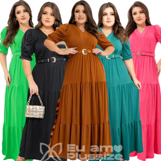 Vestido Longo Plus Size Tamanho Grande Tendencia Curve Inverno Festa Evangelico Com Cinto