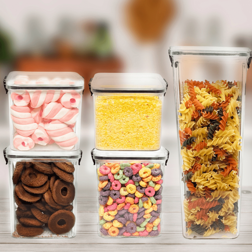 Kit 5 Potes Herméticos Empilháveis com Trava e Vedação para Alimentos e Mantimentos Organiza Cozinha Dispensa Bancada com Caneta e Etiqueta