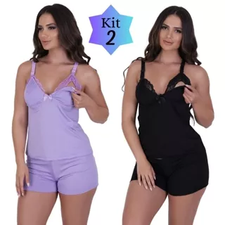 PROMOCAO Kit 2 Baby Doll Amamentação Pós Parto Fenda Confortável Mãe Luxo Abertura Click