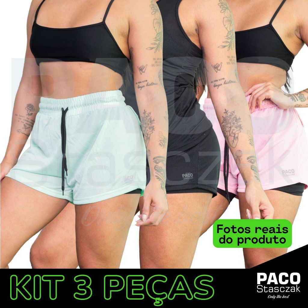 Kit 3 Shorts 2 em 1 Feminino Bermuda Dryfit Dupla Para Treino Academia Caminhada e Outros Esportes