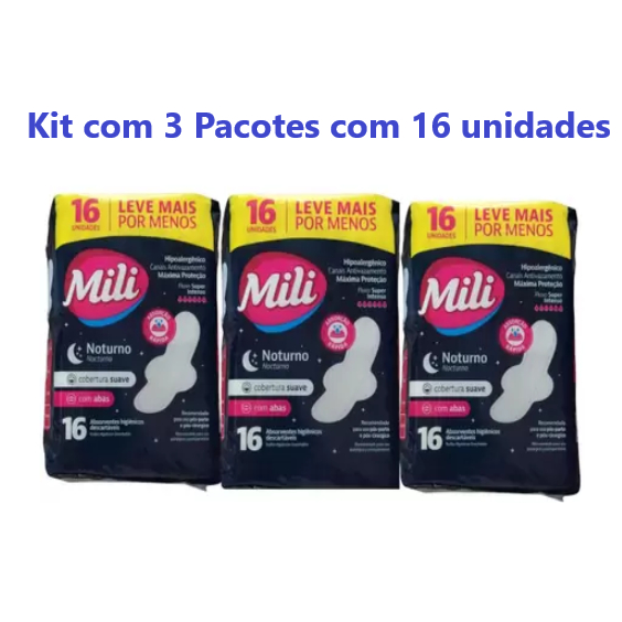 Kit 3 Absorventes com abas Noturno Mili com 16un | Shopee Brasil