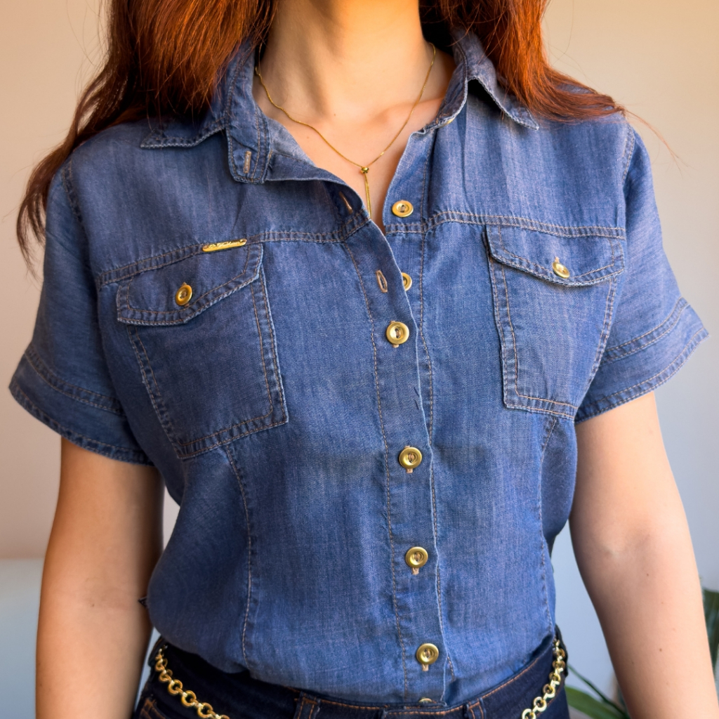 Camisa Jeans Feminina Plus Size Manga Curta Camisa Jeans Feminina