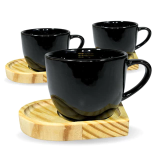 Jogo Xicaras Cafe Chá Porcelana Preta Pires Coração 170ml - Mundo Da Porcelana