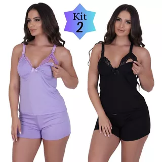 PROMOCAO kit 2 Baby Doll Amamentação Maternidade Abertura com Click Renda Mãe Confortável