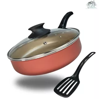 Frigideira Alta 20 cm Antiaderente 5 Camadas De Teflon com Tampa de Vidro Cor Cereja e Dourado