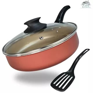 Frigideira Grande Alta 24 cm Antiaderente Teflon com Tampa de Vidro Cor Cereja e Dourado