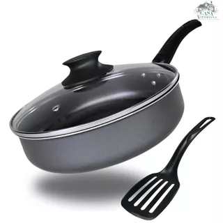 Frigideira Grande Alta 24 cm Antiaderente 5 Camadas De Teflon com Tampa de Vidro Cor Preto Grafite