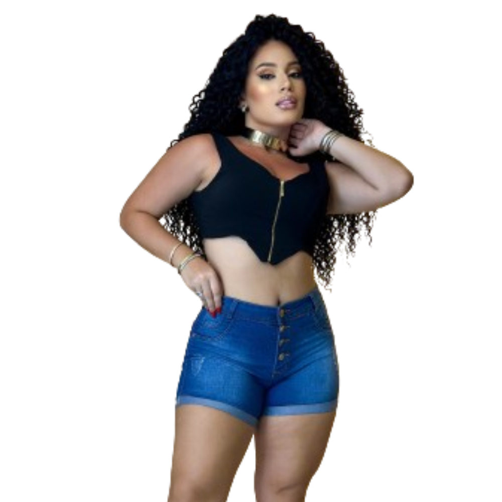 Short jeans de Lycra perna virada, escuro com 4 botões. | Shopee